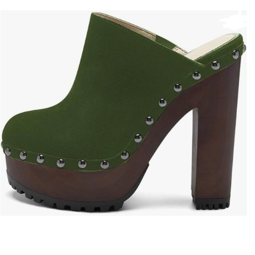 XYD Green-suede Cork Platform Super High Heel Mule Chunky Studded Slides Sandal